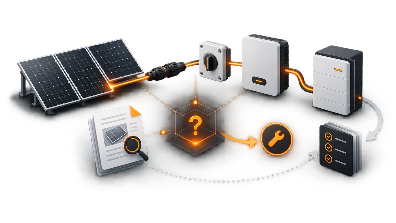 Illustrated photovoltaic system linking an array, DC connectors, isolation, inverter and battery with evidence, action and reassessment.