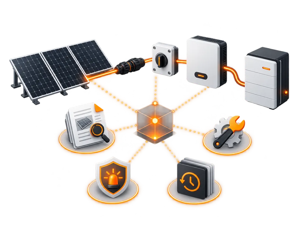 Illustrated photovoltaic ecosystem with modules, DC connectors, isolation, inverter, battery, evidence, maintenance, emergency and accountability nodes.