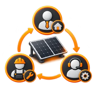 Illustrated photovoltaic system connected to distinct owner, technical and support roles.